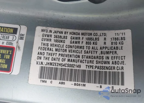 2012 Honda Insight Lx из США, поврежденный, VIN JHMZE2H54CS002149